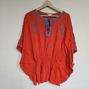 Bohemian Red Blue Floral Embroidered Kimono Wide Sleeves Blouse Medium Large